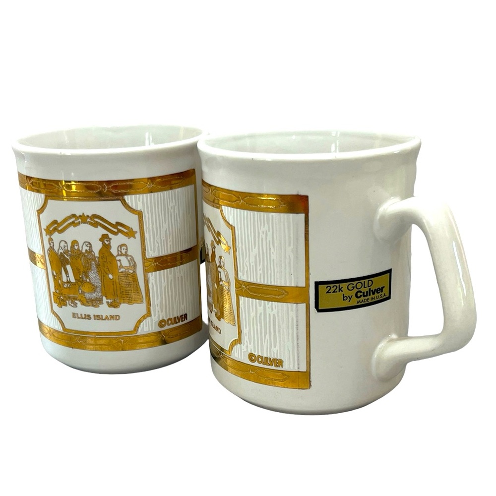 Culver 22k GOLD Ellis Island New York Ceramic Souvenir Coffee Mugs set of 2